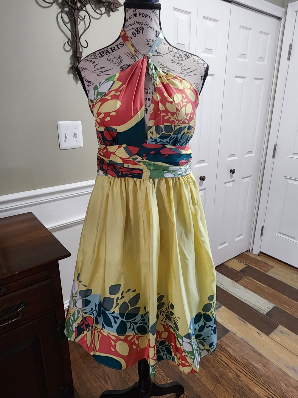 Max & Cleo Halter  Floral Fit-and-Flare Sundress in Yellow and Coral Size 10